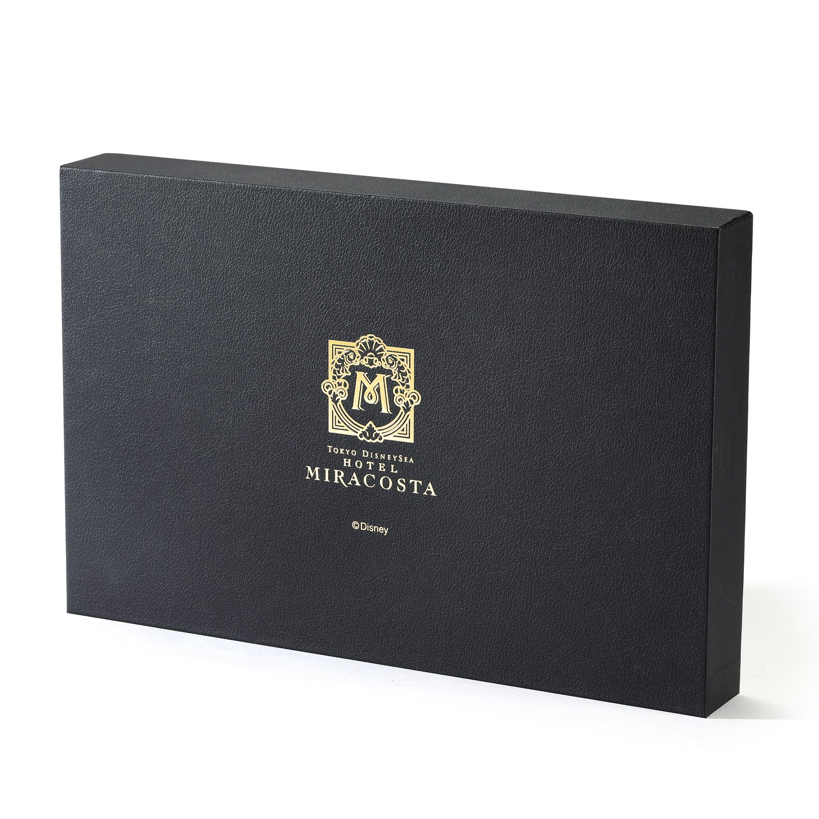 Black textured lid and base box with gold foil crest
