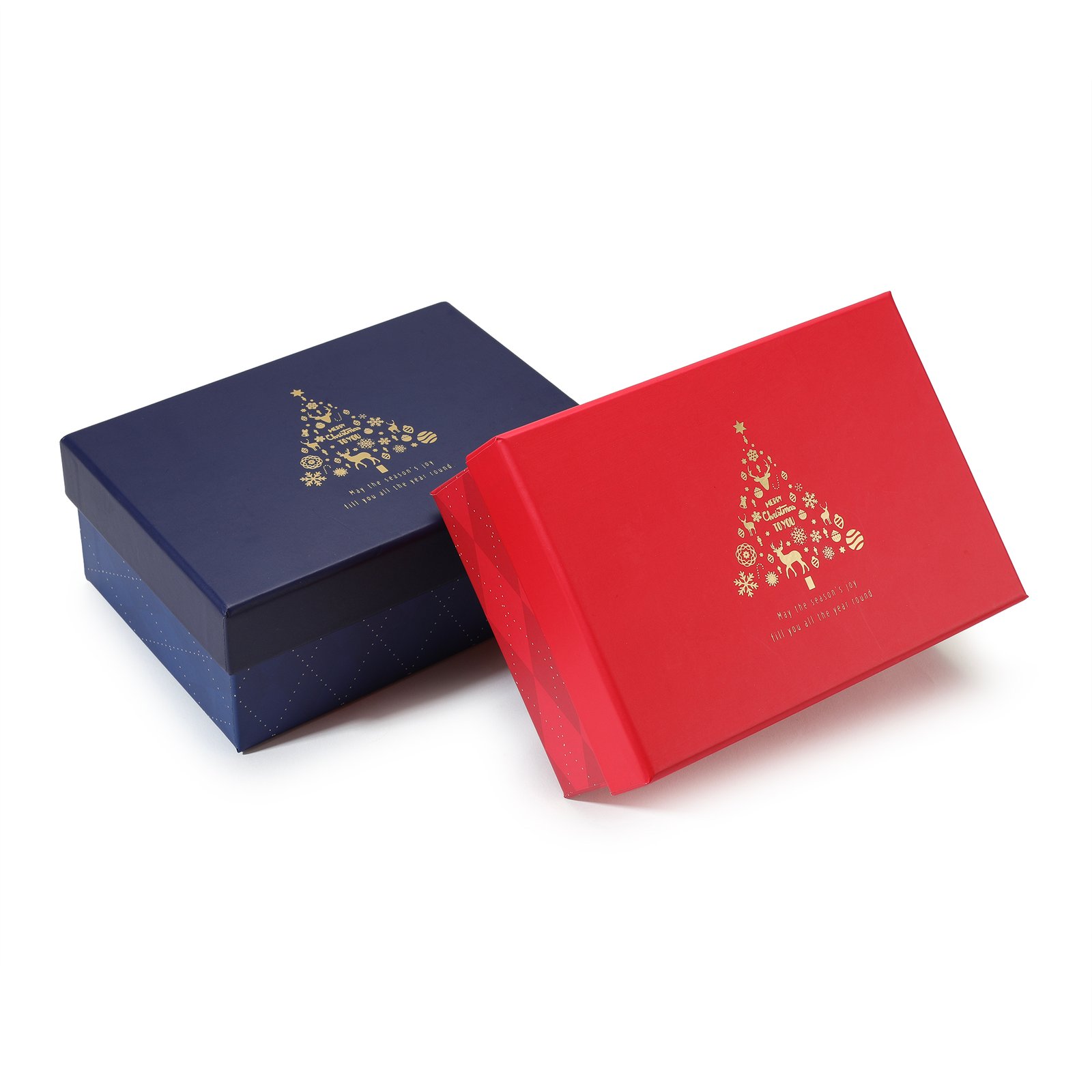Navy and red lid and base gift boxes with gold foil festive tree